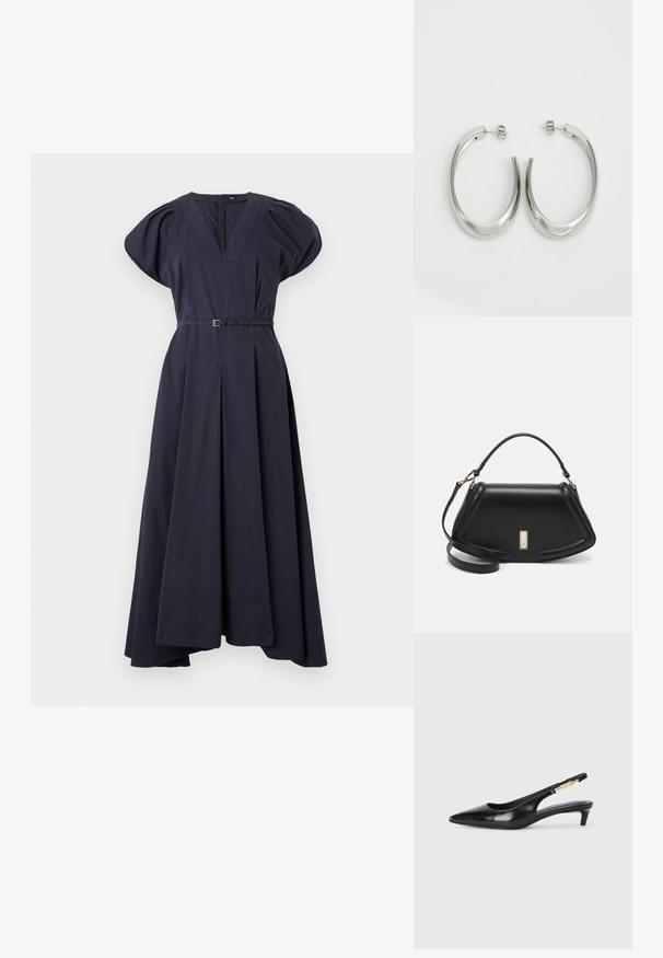 Navy blue dress with a V-neckline, puffed short sleeves, a belted waist, and pleated skirt. Made from a smooth fabric, it has a flowy silhouette.; Black leather slingback heels with a pointed toe, featuring a slim heel and a gold-tone accent on the adjustable strap. Smooth texture.; Black leather handbag with a structured design, featuring a cropped shape, top handle, and gold hardware accent. Adjustable shoulder strap included.; Silver hoop earrings with a smooth, curved design. Features a shiny metallic finish and stud closure. No visible patterns or accents.
