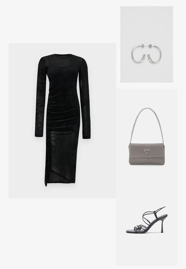 Crna baršunasta haljina dugih rukava sa uskim krojem, naboranim bočnim detaljima i prorezom na rubu. Sadrži dugmad kao ukras uz jednu stranu.; Crne sandale na visokoj potpetici imaju tanke trake s čvorastim dizajnom, glatki kvadratni vrh i elegantnu stiletto petu.; Svijetlosivi metalik ruksač s lancem, ukrašen malim okruglim metalnim zakovicama i trokutastim logotipom marke.; Srebro naušnice u obliku prstena s glatkom, sjajnom završnom obradom. Zaobljenog oblika, laganog dizajna, s kopčom na poleđini.