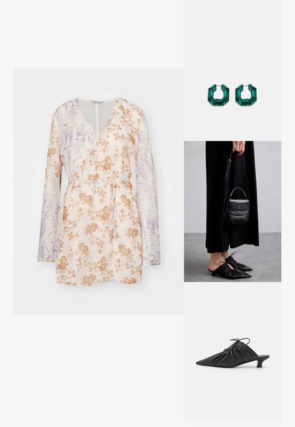 Blommig omlottklänning med långa ärmar, beige botten med orange och lila blommönster, samt ett knytbälte i midjan. Lättviktsmaterial.; Svarta läder slip-on mules med spetsig tå, sammanknipen textur och en liten kitten heel. Har en dragsnörningsdetalj vid öppningen.; Liten svart läderhandväska med rundad form, handtag ovanpå och avtagbar rem. Bärs med svart tygklänning och svarta plisserade skor.; Gröna akrylörringar i en oktagonal form med facetterade kanter, med en metallspänne för säker förslutning.