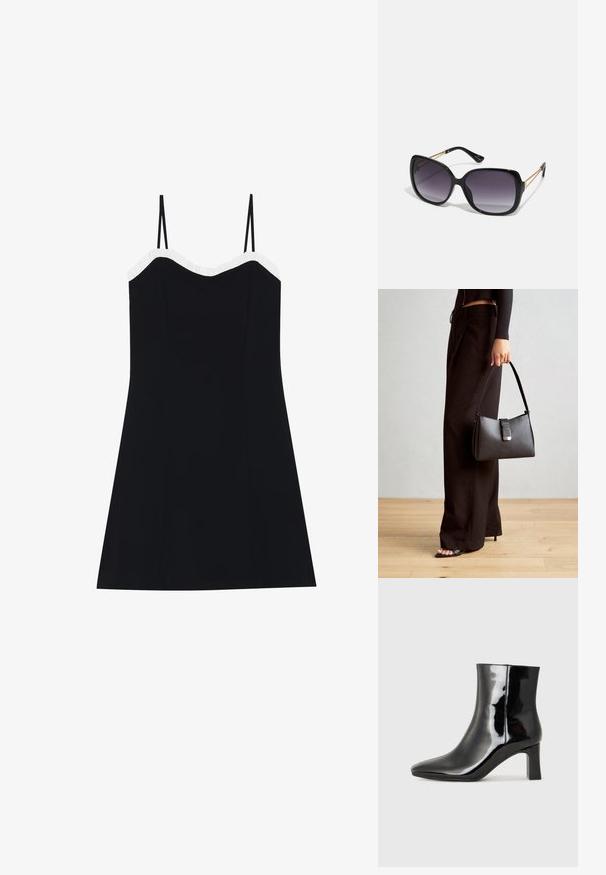 Rochie neagră cu bretele subțiri, corset ajustat și tiv evazat. Dantelă albă ondulată pe decolteu. Țesătură netedă și ușoară.; Botine negre din piele lacuită, cu vârful ascuțit și toc bloc de înălțime medie. Textură netedă și design minimalist.; Ochelari de soare negri, supradimensionați, cu lentile degradate, rame groase și detalii cu lanț de ton auriu pe brațele templului.; Genți negre cu o formă structurată, textură netedă și un închizător metalic. Asortată cu pantaloni negri largi și sandale cu vârf deschis pe un podea din lemn.