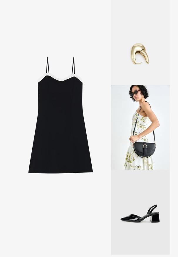 Vestido negro con tirantes finos, cuerpo ajustado y dobladillo acampanado. Detalles de volantes blancos a lo largo del escote. Tela suave y ligera.; Zapatos de tacón slingback de charol negro con punta afilada y tacón geométrico en bloque. Presentan un diseño elegante y minimalista, así como una textura suave.; Bolso de piel negra con forma curva, correa desmontable y herrajes dorados. El bolso cuenta con una solapa con un detalle de hebilla.; Pendiente de metal en tono dorado con un diseño elegante y curvado. Presenta una forma puntiaguda distintiva, superficie pulida y cierre de bisagra.