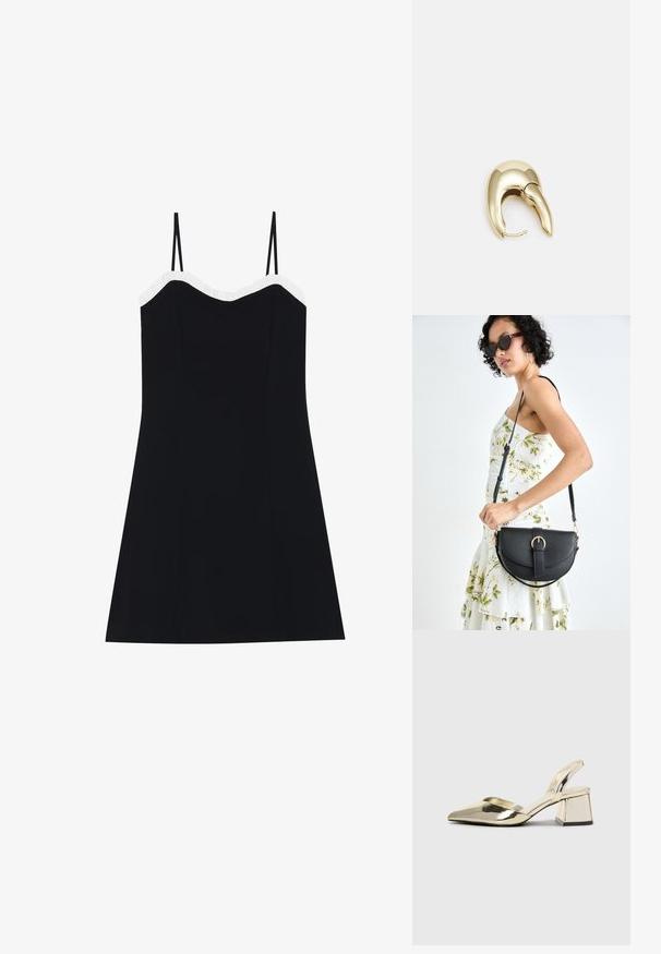 Black dress with thin straps, fitted bodice, and flared hem. White ruffled trim along the neckline. Smooth, lightweight fabric.; Gold, metallic slingback heels with a pointed toe and chunky heel. Smooth texture, minimalistic design, and a narrow strap.; Black leather handbag with a curved shape, detachable strap, and gold hardware. The bag features a flap with a buckle detail.; Gold-tone metal earring with a sleek, curved design. Features a distinctive pointed shape, polished surface, and hinge closure.