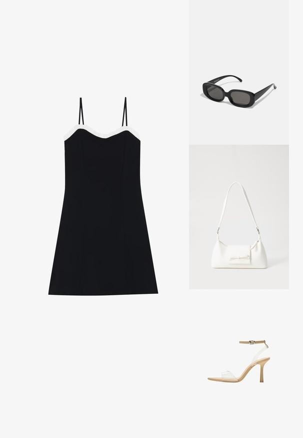 Črna obleka s tankimi naramnicami, prilegajočim se bodijem in razširjenim robom. Bele nabirane obrobe ob izrezu. Gladek, lahek material.; Sandal z jasnim petnikom s prozornim zgornjim delom, bež podplatom in sivim trakcem okoli gležnja. Ima koničast nos in tanek visoki petek.; Črne pravokotne sončne očala s temnimi lečami. Debel plastičen okvir, gladka tekstura in zaobljeni robovi. Modernejši temple se raztegneta navzven.; Bela sintetična torbica v obliki trikotnika, z ravnim sprednjim poklopcem in detajlom mašne, nastavljivim trakom, gladko teksturo in minimalističnim dizajnom.
