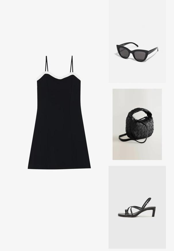 Juoda suknelė su plonais petnešėlėmis, prigludusia liemene ir platėjančia apatine dalimi. Balti pūkuoti kraštai apykaklėje. Lygus, lengvas audinys.; Juodi šlepetės su kvadratiniu pirštu ir žemu bloku kulnu. Yra keli ploni dirželiai ir reguliuojamas kulkšnies diržas. Pagaminti iš lygios odos.; Juodos katės akies akinių nuo saulės su matinio paviršiaus danga, turinčiais pilkai tonuotus lęšius, aštriomis linijomis ir elegantiškomis šoninėmis kojelėmis. Prekės ženklas matomas vidinėje kojelėje.; Juodas pinamas odinis maišelis su apvalia forma, keliais nupintais užsegimais, užtrauktuku užsidarančia kišene ir reguliuojamu peties diržu. Tekstūruotas paviršius.