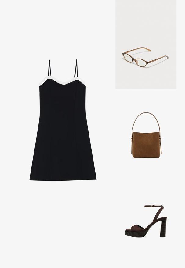 Crna haljina s tankim naramenicama, uskim korzetom i lepršavim rubom. Bijela čipkasta obruba oko dekoltea. Glatka, lagana tkanina.; Smeđe zamšaste sandale s visokim potpeticama, otvorenim prstima, podesivom trakicom oko gležnja i prugastom platformom.; Smeđe skupe naočale s ovalnim lećama, tankim drškama i prozirnim akcentima. Ima suptilan logo na sljepoočnici. Elegantan, lagan dizajn.; Mango Ručna torba - brown