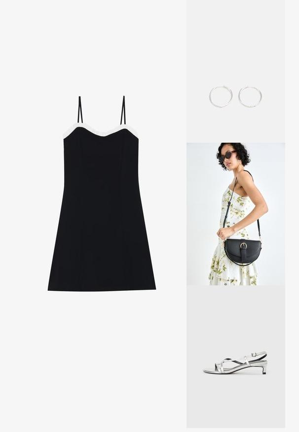 Melna kleita ar plānām siksnām, pieguļošu augšdaļu un izplūdušu apakšmalu. Balti krokoti apdare ap kaklu. Līdzena, viegla auduma.; Sudraba metāliska slēgta papēža sandale ar zemu papēdi, kurai ir krustveida siksnas un gluda virsma. Minimalistisks dizains.; Melnas ādas rokassoma ar izliekta formu, noņemamu siksnu un zelta aksesuāriem. Somai ir vāciņš ar sprādzes detaļu.; Sudraba riņķa auskari ar elegantu, apaļu dizainu, kas izceļas ar gludu virsmu un bez redzamām rotājumām. Diametrs netiek norādīts.