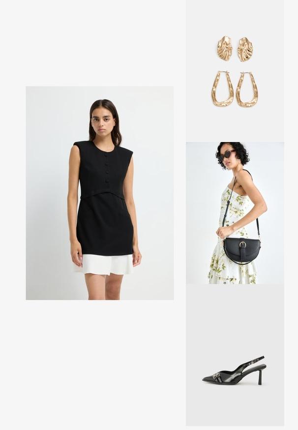 Žena s dlouhými hnědými vlasy má na sobě bezramínkovou černou šaty s knoflíky a bílým detailem sukně, stojí na jednobarevném světlém pozadí.; Černá lakovaná slingback obuv s špičatou špičkou, kotníkovými pásky s kovovými sponami a příslušenstvím, a štíhlým podpatkem.; Černá kožená kabelka s křivkovým tvarem, odnímatelným popruhem a zlatými detaily. Kabelka má klopu s přezkou.; Náušnice ve zlatém tónu s texturovanými, vlnitými tvary. Obsahují sochařské klipy a design otevřeného kruhu s kladivkovým povrchem.