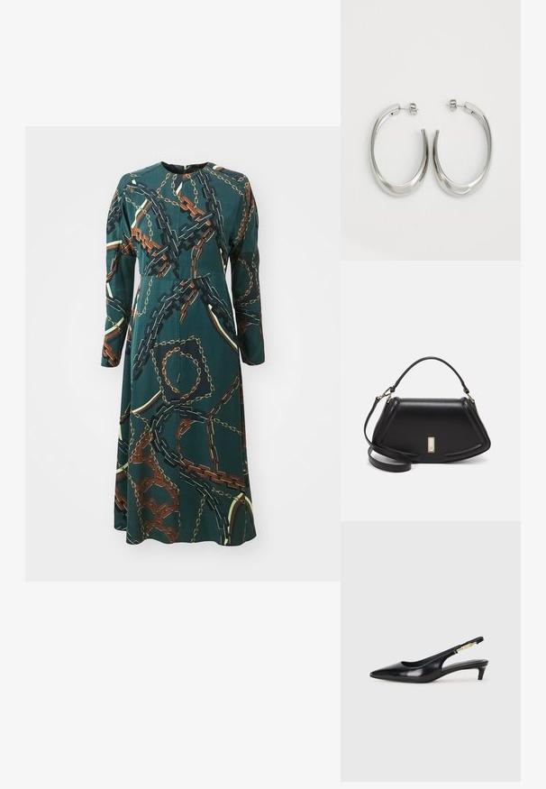 Langärmliges Kleid aus dunkelgrünem Stoff mit einem Kettenmuster in Gold, Braun und Schwarz. Runder Halsausschnitt und taillierte Taille mit schwingendem Rock.; Schwarze Leder-Slingback-Pumps mit spitzem Schuhblatt, ausgestattet mit einem schlanken Absatz und einem goldfarbigen Akzent am verstellbaren Riemen. Glatte Textur.; Schwarze Lederhandtasche mit einem strukturierten Design, das eine verkürzte Form, einen oberen Griff und goldfarbene Hardware-Details aufweist. Verstellbarer Schulterriemen ist enthalten.; Silberne Creolen mit einem glatten, geschwungenen Design. Mit einem glänzenden metallischen Finish und Steckverschluss. Keine sichtbaren Muster oder Akzente.