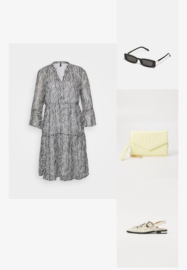 Czarna i biała sukienka w paski zebry, do kolan, z dekoltem w kształcie litery V, długimi, rozkloszowanymi rękawami i warstwową spódnicą. Wykonana z lekkiego, przezroczystego materiału.; Sandały typu slingback z białej skóry, z wieloma szerokimi paskami i srebrnymi klamrami; płaska podeszwa z małym czarnym obcasem i metalicznymi akcentami.; Czarnie prostokątne okulary przeciwsłoneczne z ciemnymi soczewkami, błyszczącymi plastikowymi oprawkami i złotymi akcentami na zausznikach. Minimalistyczny design i smukły kształt.; Żółty pleciony portfel kopertowy z klapką, odczepianym paskiem na nadgarstek i złotym akcentem łańcuszka. Gładka tekstura i prostokątny kształt.; Złote kolczyki w kształcie kółek o gładkim, błyszczącym wykończeniu. Okrągły design z małym klipsem i przezroczystym zapięciem zapewniającym bezpieczne noszenie.