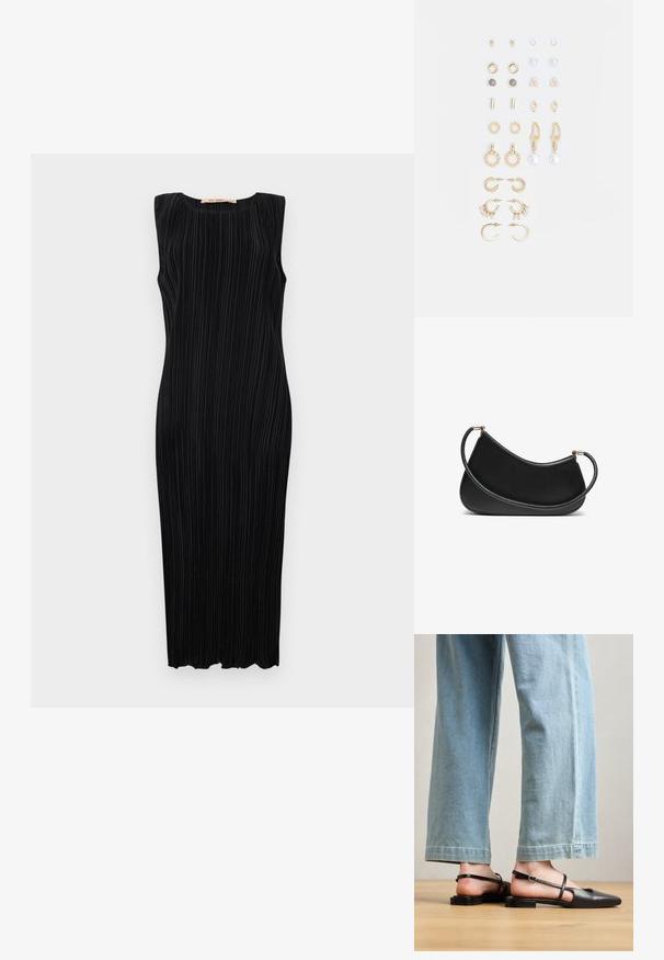 Svart ermeløs midi-kjole med vertikale folder, rund halslinje og en tettsittende silhuett. Glatt tekstur og rett kant.; Sorte lærrem sko med spiss tå, flat hæl og ankelrem; brukt med lyseblå vide jeans.; Svart lær skulderveske med en buet design, med en teksturert stropp og gullfarget hardware på toppen av lukningen. Glatt finish.; Sett med gullfargede øredobber med ulike design, inkludert stikkere, hoops og hengende deler med perler og rhinestones.