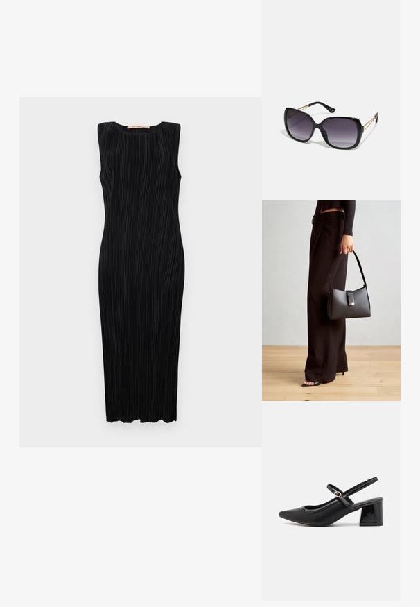Crna haljina midi dužine bez rukava s vertikalnim nabora, okruglim izrezom i oblikovanim siluetom. Glatka tekstura i ravni rub.; Crne lakirane slingback visoke potpetice s šiljastim vrhom, zaobljenim izrezom i blok potpeticom. Sadrži akcent zlatnog tona s kopčom.; Crne prevelike sunčane naočale s gradijentnim lećama, debelim okvirom i zlatnim lancem kao detaljem na krakovima.; Crna torba s oblikom koji sadrži strukturu, glađu teksturu i metalnu kopču. Uparena s širokim crnim hlačama i sandalama na otvorenom s drvenog poda.