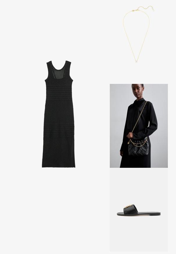Svart virkade maxi-klänning med rund halsringning, som har öppna stickade sektioner och horisontella band. Längd till mitten av vaden med sidoöppningar.; Svarta lädersandaler med öppen tå, platt sula och en dekorativ guldfinish på ovandelen. Slät textur med minimalistisk design.; Svart vadderad läderhandväska med en samlad topp, guldkedjeslinga och rektangulär form, hålls mot en enkel bakgrund.; Guldhalsband med en enda diamantpendel, med en delikat design och en texturerad kedja, justerbar längd, glittrar under ljus.