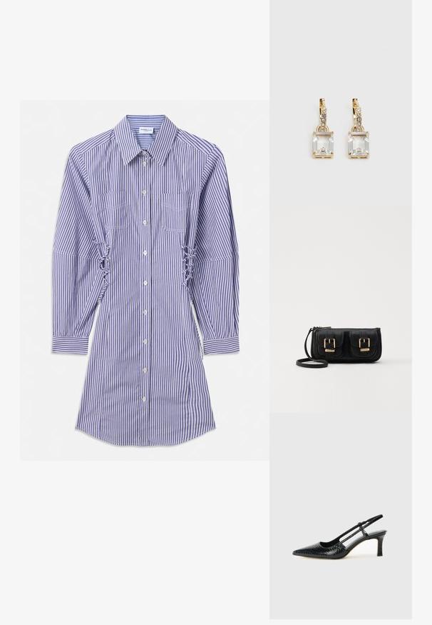 Rochie cămașă cu mâneci lungi, cu dungi verticale albastre și albe, cu butoane în față, buzunare pe piept și detalii adunate pe lateral.; Pantofi cu toc slingback negri din patent, cu vârf ascuțit, cu imprimeu de șarpe texturat, curea ajustabilă și toc scurt texturat.; Geantă neagră din piele, tip crossbody, cu două buzunare frontale, catarame aurii, închidere cu fermoar și o curea subțire. Suprafață texturată și formă rectangulară compactă.; Cercei aurii care prezintă un cristal clar, rectangular, suspendat sub un rând de accente mici, rotunde, clare. Design elegant și modern.