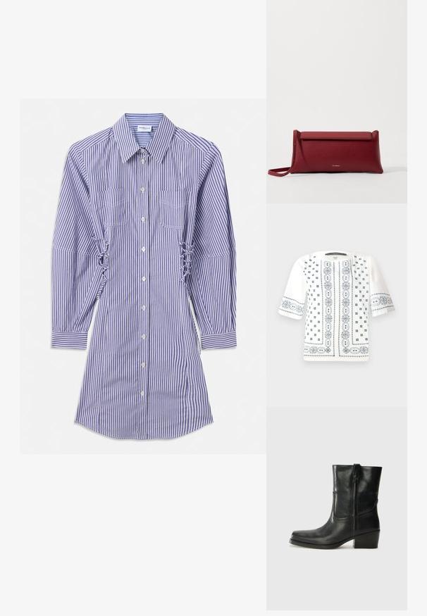 Hosszú ujjú, kék és fehér függőleges csíkos ingruha gombos elülső résszel, mellzsebekkel és ráncolt oldali részletekkel.; Fehér, rövid ujjú blúz, kék virágos hímzéssel, kerek nyakkivágással és bonyolult mintákkal az elején és az ujjakon.; Fekete bőr bokacsizma lekerekített orral, blokk sarkúval, oldalsó cipzárral és varrásos díszítéssel az elején. Simább textúra, klasszikus dizájn.; Piros bőr klutcs táska textúrázott felülettel, lapos hajtogatott tetejével és rövid pánttal. Diszkrét márkájú logó elöl.