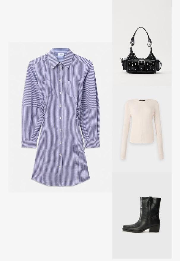 Pikkade varrukatega sinine ja valge vertikaalsete triipudega pluusikleidi särk, mis on varustatud nööpide ette valamisega, rinna taskutega ja kokku kogutud külje detailidega.; Pikkade varrukatega helesinine topp ümmarguse kaelusega. Valmistatud pehmest kangast, sisaldab keskset õmblust ja kergelt kaardus serva. Ei ole nähtavat riistvara.; Musta nahast pahkluu saabas ümarate varvastega, plokknäppu, külgsepa ja pealsetel õmblusest aktsentidega. Sile tekstuur, klassikaline disain.; Must värvi nahast käekott, millel on kaarjas disain, hõbedased nupukesed, kinnitusahe ja kaks külgtaskut. Reguleeritav rihm erinevate kandmisvõimaluste jaoks.