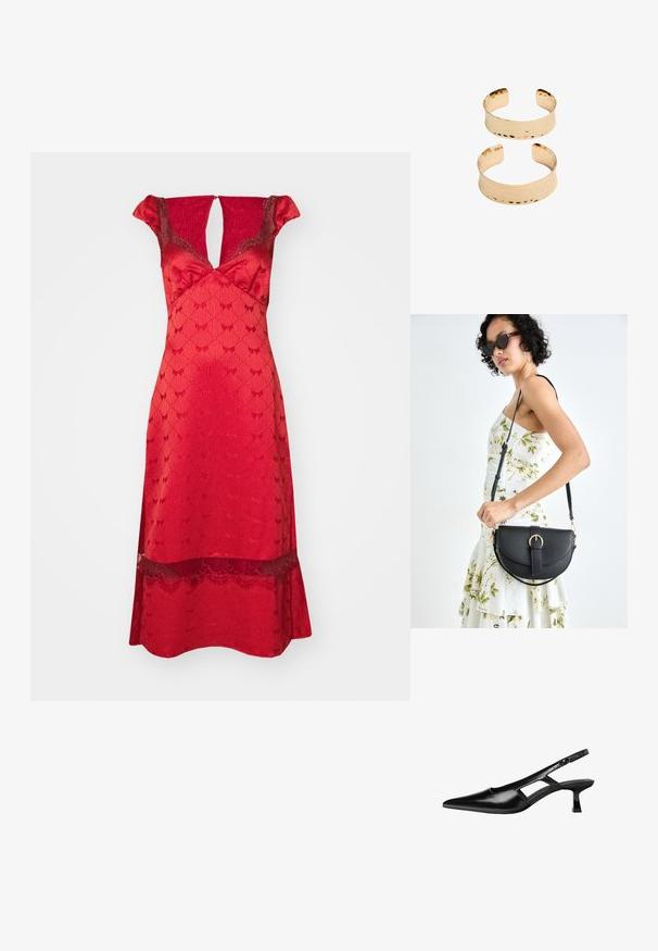 Rdeča obleka s prilegajočim bodicem, kratkimi nabranimi rokavi in V-izrezom. Čipkasti detajli ob robu in vzorčasta tekstura po celotni obleki.; Črne patentični usnjeni salonarji s slingback designom, z zašiljenim nosom, izrezanim stranskim dizajnom in majhnim kvadratnim peto. Gladka tekstura z minimalnimi detajli.; Črna usnjena torbica s ukrivljeno obliko, z odstranljivo naramnico in zlatimi dodatki. Torbica ima pokrov s podrobnostmi v obliki zaponke.; Zlato obarvani kovinski manšetni z neenakomerno teksturo, s odprto zasnovo in gladkimi robovi. Prikazane sta dve velikosti: ena širša, druga ožja.