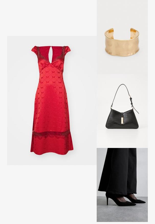 Rochie roșie cu un corset ajustat, mâneci scurte cu volănașe și decolteu în formă de V. Accente din dantelă la tiv și o textură cu model pe întreaga suprafață.; Pantofi cu toc înalt din suede negru, cu vârfuri ascuțite, purtați cu pantaloni negri largi, prezintă un design elegant și un luciu subtil.; Geantă de umăr neagră din material cu imprimeu de crocodil fals, având o formă triangulară, curea subțire pentru umăr și un accent din metal auriu în centru.; Brățară cuff aurie cu o suprafață netedă și ondulată, având un interior texturat și un design deschis, creând o formă organică.