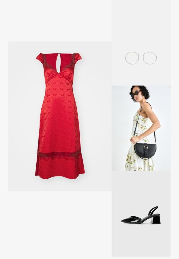 Rotes Kleid mit tailliertem Oberteil, kurzen Rüschensäumen und V-Ausschnitt. Spitzendetails am Saum und ein gemusterter Stoff über das gesamte Kleid.; Schwarze Lackleder-Slingback-High Heels mit spitzem Schuh und einem geometrischen Blockabsatz. Verfügt über ein schlankes, minimalistisches Design und eine glatte Textur.; Schwarze Lederhandtasche mit geschwungener Form, abnehmbarem Tragegurt und goldenen Beschlägen. Die Tasche verfügt über einen Deckel mit einer Schnallen-Details.; Silberne Creolen mit einem schlanken, runden Design, das eine glatte Oberfläche und keine sichtbaren Verzierungen aufweist. Durchmesser nicht angegeben.