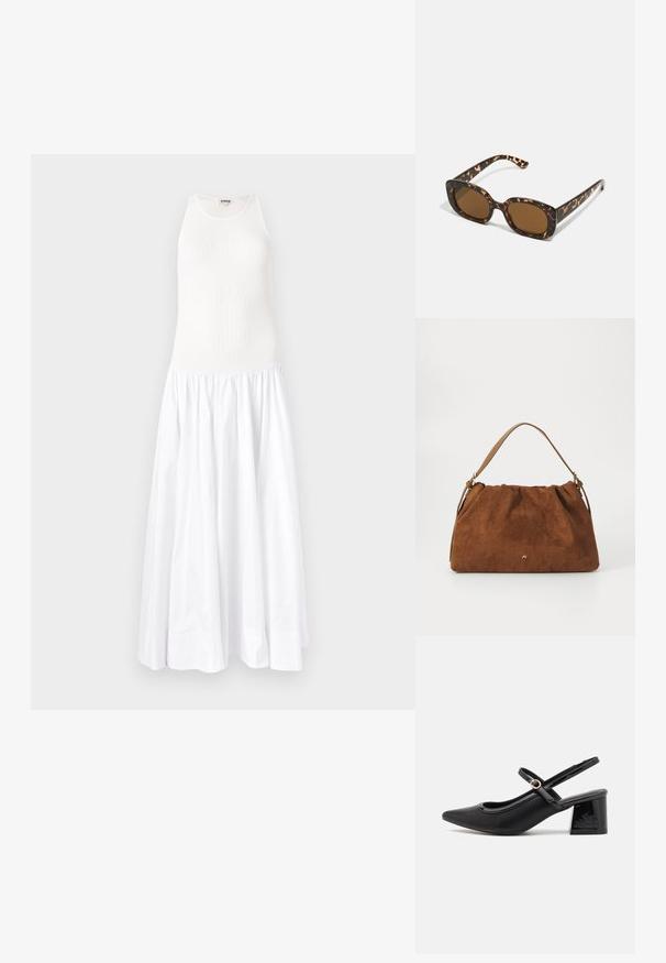 Fehér maxi ruha bordás topjával és lágy, rakott szoknyájával. Könnyű anyagból készült, ujjatlan kialakítással és kerek nyakkivágással rendelkezik.; Fekete lakk bőr, pántos magassarkú cipő, hegyes orral, lekerekített kivágással és tömbsarkal. Arany színű csat díszíti.; Teknősbéka mintázatú napszemüveg kerek, vastag kerettel és barna lencsékkel. Finom mintázattal és egyenes, keskenyedő szárakkal rendelkezik.; Barna velúr kézitáska, gyűjtött kialakítással, egyetlen világosbarna bőrszíjjal és egy diszkrét arany logós részlettel az elején.