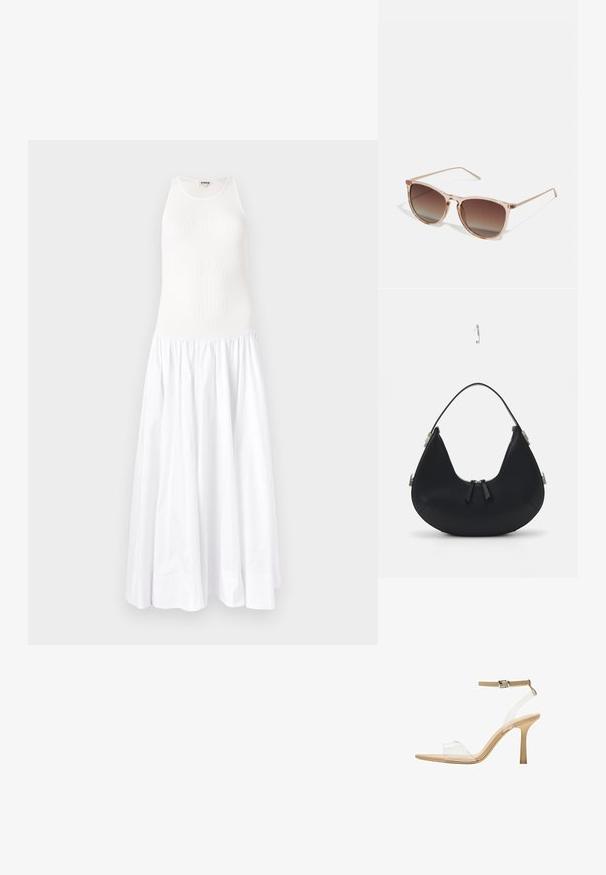 Bílé maxi šaty s ribovaným vrškem a volnou nabíranou sukni. Vyrobeny z lehké tkaniny, mají bezrukávový design a kulatý výstřih.; Průhledná sandálová obuv s průhledným svrškem, béžovou stélkou a štíhlým páskem kolem kotníku. Má špičatou špičku a tenký vysoký podpatek.; Hnědé sluneční brýle s gradientem, s průhledným růžovým rámem, čtvercovým tvarem a tenkými kovovými nohami. Charakterizovány zaoblenými hranami a minimálním zdobením.; Černá kožená kabelka s zakřiveným tvarem, zipovým uzávěrem, dvěma černými třásněmi a stříbrnými kovovými detaily, včetně unikátního upevňovacího prvku.