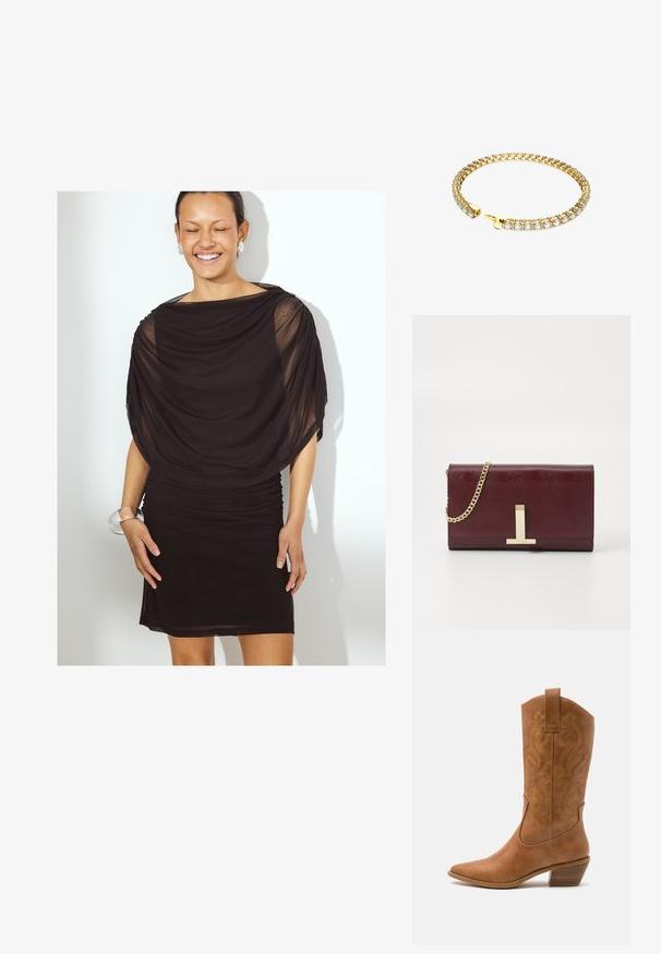 Musta mekko, jossa on valuvaa, läpinäkyvää kangasta ja rypytettyjä yksityiskohtia. Lyhyt pituus, istuva siluetti. Mallilla on päällään läpinäkyvä käsikoru.; Ruskean nahkainen cowboy-saapas, jossa on terävä kärki, brodeeratut pyörteiset kuviot varressa ja kerroslohko korko. Varustettu nostonipulla helpottamaan pukemista.; Burgundy- värinen teksturoitu tekonahka-laukku, jota koristaa kultaketjuolkapää ja metallinen solki. Suorakulmainen muoto, sileä pinta, vähäiset yksityiskohdat.; Kultaketju, jossa on joustava muotoilu ja useita kirkkaita kuutiollisia zirkonioita aseteltuna linkitettyyn kuvioon, viimeistelty lukitusmekanismilla.