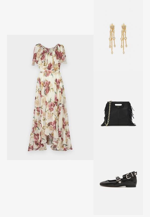 Cvećasta maxi haljina sa volanima na dekolteu, koja prikazuje kombinaciju ružičastih i krem ruža na svetloj pozadini, stegnuta u struku pojasom.; Crne lakirane balerinke sa četvrtastim vrhom, remenom oko zapešća sa srebrnim detaljima i ravnim đonom. Glatka tekstura s minimalističkim dizajnom.; Crna kožna torba s resicama, zlatnim lančićem za rame i rukohvatom u obliku izreza. Sadrži logo na prednjoj strani.; Zlatne naušnice s višestrukim kaskadnim lancima, s prozirnim ovalnim cirkonima i dekorativnim šiljcima na vrhu.