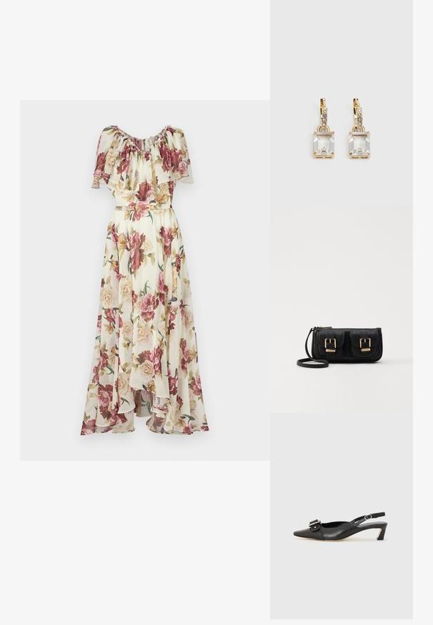 Robe maxi fleurie avec un col à volants, ornée d'un mélange de roses roses et crèmes sur un fond clair, cintrée à la taille par une ceinture.; Chaussure slingback en cuir noir avec un bout pointu, un petit talon et un détail de boucle décoratif sur le dessus. Texture lisse, design minimaliste.; Sac en cuir noir porté en travers avec deux poches avant, boucles dorées, fermeture zippée et une sangle fine. Surface texturée et forme rectangulaire compacte.; Boucles d'oreilles en or lumineux avec un cristal rectangulaire transparent pendent sous une rangée de petits accents ronds transparents. Design élégant et moderne.