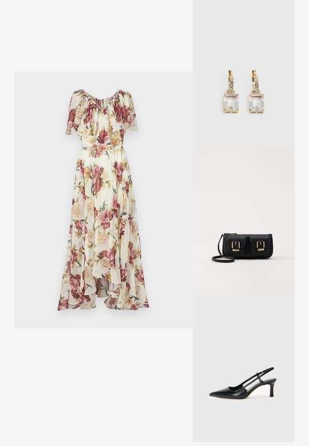 Blumiges Maxikleid mit einem Rüschenausschnitt, ausgestattet mit einer Mischung aus rosa und cremefarbenen Rosen auf einem hellen Hintergrund, mit einem Gürtel in der Taille cinched.; Schwarze Lack-Slingback-Pumps mit spitzem Zehenbereich, versehen mit strukturiertem Schlangenprint, verstellbarem Riemen und einem kurzen, strukturierten Blockabsatz.; Schwarze Leder-Umhängetasche mit zwei vorderen Taschen, goldenen Schnallen, Reißverschluss und einem schmalen Tragegurt. Texturierte Oberfläche und kompakte rechteckige Form.; Ohrringe in Goldfarbe mit einem rechteckigen, durchsichtigen Kristall, der unter einer Reihe kleiner, runder klarer Akzente hängt. Elegantes, modernes Design.