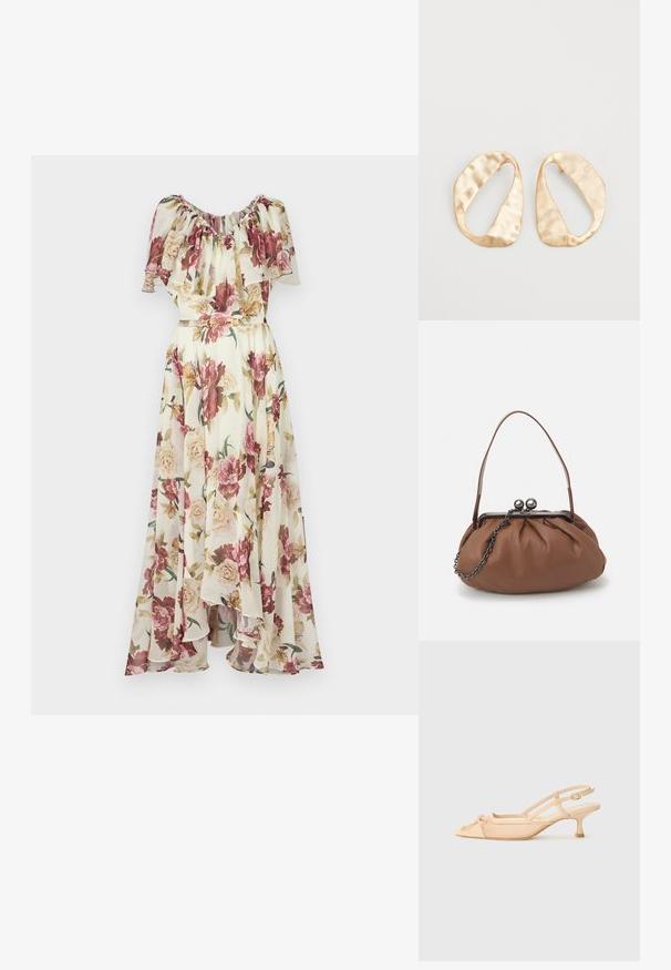 Blumiges Maxikleid mit einem Rüschenausschnitt, ausgestattet mit einer Mischung aus rosa und cremefarbenen Rosen auf einem hellen Hintergrund, mit einem Gürtel in der Taille cinched.; Stuart Weitzman KITTY - Pumps - beige/barely beige; Braune Leder-Handtasche mit gerafftem Design, einem kurzen Ledergriff und einem Kettenriemen. Sie verfügt über einen silbernen Metallverschluss mit zwei runden Akzenten.; Ein Paar unregelmäßige, oval geformte Ohrringe aus goldfarbenem Metall mit einer strukturierten, leicht gehämmerten Oberfläche auf weißem Hintergrund.