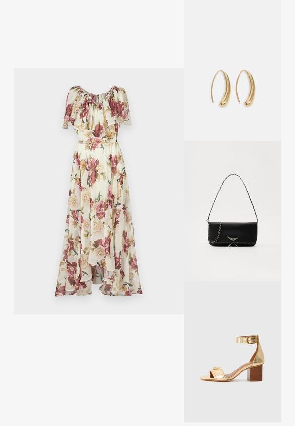 Robe maxi fleurie avec un col à volants, ornée d'un mélange de roses roses et crèmes sur un fond clair, cintrée à la taille par une ceinture.; Sandale à talons en métal doré avec une large bride sur les orteils, une bride à la cheville avec boucle et un talon bloc. Texture lisse, détails minimaux.; Sac à main en cuir noir avec une bandoulière en chaîne argentée, présentant des accents décoratifs en forme d'ailes et des coutures blanches le long de la couture inférieure.; Boucles d'oreilles en métal doré en forme d'anneau, avec une forme courbée et allongée. Elles présentent une surface lisse et brillante avec une pointe arrondie pour un détail supplémentaire.
