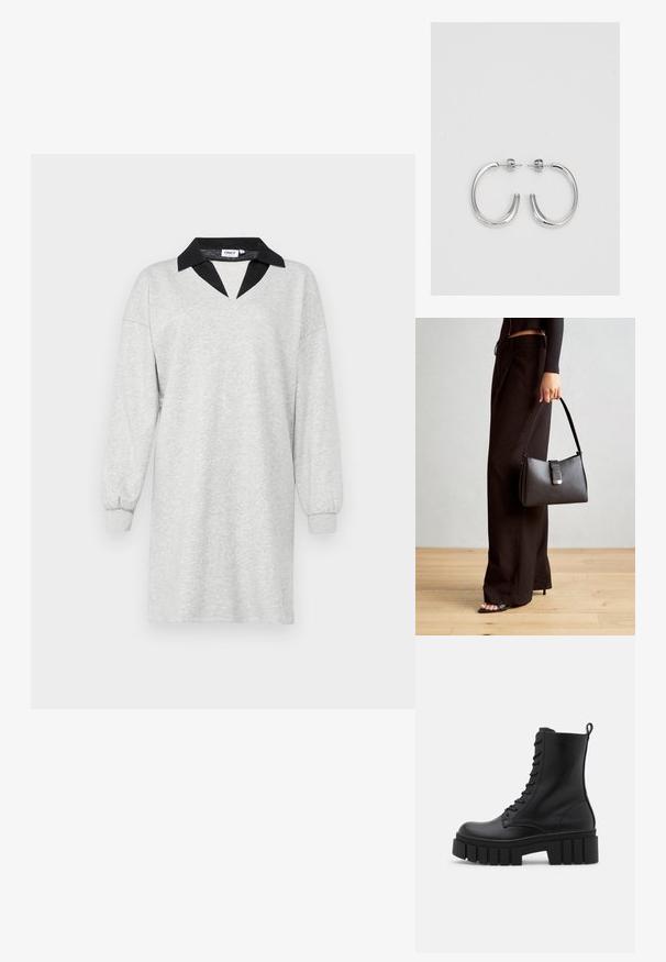 Pelēks kleita, izgatavota no mīksta auduma, ar melnu V veida apkakli un garām, saplacinātām piedurknēm ar elastīgiem aproces galiem. Vienkāršs un ikdienišķs dizains.; Melnas ādas potītes zābaki ar masīvu, rievojumu zoli, auklu aizdari un vilces cilpu uz gludas baltas fona.; Melnā somiņa ar strukturētu formu, gludu tekstūru un metālu sprādzi. Saskaņota ar platām melnām biksēm un sandālēm ar atvērtu purngalu uz koka grīdas.; Sudraba stīpas auskari ar gludu, spīdīgu virsmu, izceļas ar izliektaveida formu un aizdari ar tapu. Minimālistisks dizains ar mūsdienīgu apdari.