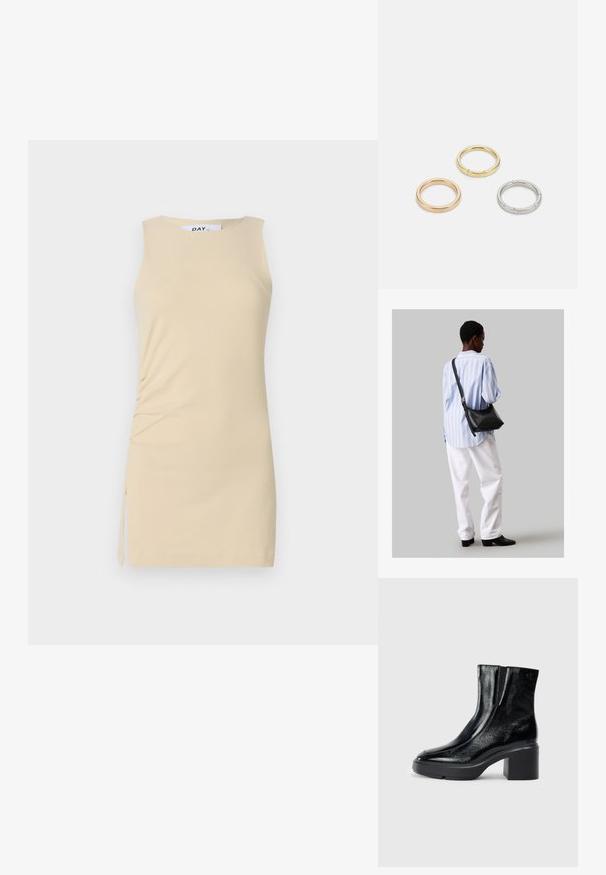 Õlavarreta kreemimüts, millel on külgedel kokkuvõtte detailid ja rihma aktsent. Sile kangas, vormiv disain ja üle põlve pikkus.; Mustmustest must paeltega särkide, millel on kõver varvas, elastsed külgpaneelid ja jäme plokkpealse. Tagaküljel on reljeefne logo.; Must have mustras alasi nahkpatsi, pehme tekstuuriga, kolmnurkse kujuga ja reguleeritava rihmaga, koos helesinise triibulise särgi ja valgete pükstega.; Kolme metallist rõngast: üks roosa kuld, üks kuld tekstuursete aktsentidega ja üks hõbe, kõik sisepoolt graveeritud brändinguga.