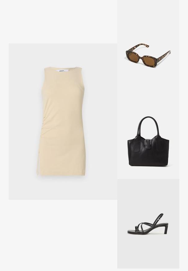 Rochie crem fără mâneci, cu detalii de pliere pe lateral și un accent cu funda. Țesătură netedă, design ajustat și lungime deasupra genunchiului.; Sandal cu barete negre, cu vârf pătrat și toc mic de bloc. Prezintă mai multe barete subțiri și o bareta ajustabilă la gleznă. Fabricat din piele netedă.; Ochelari de soare cu chelă de broască țestoasă, având un cadru rotund și voluminos, cu lentile maro. Prezintă modele subtile și brațe drepte, conice.; Geantă tote din piele neagră cu textură netedă, formă structurată, două mânere și un detaliu proeminent din aliaj de argint pe partea din față.