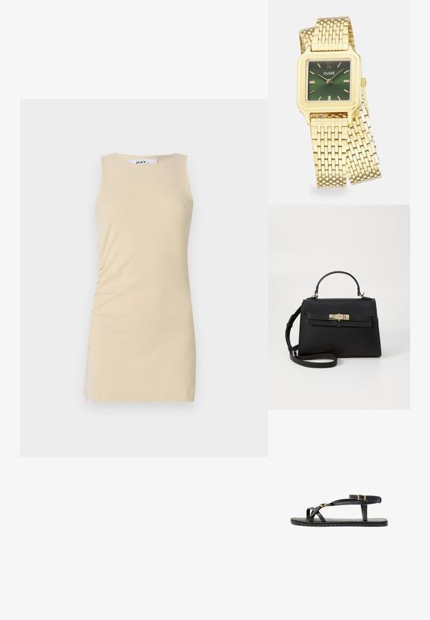 Rochie crem fără mâneci, cu detalii de pliere pe lateral și un accent cu funda. Țesătură netedă, design ajustat și lungime deasupra genunchiului.; Sandale negre din piele, cu curele subțiri și o curea cu cataramă la gleznă. Talpă plată cu un finisaj texturat și margine în zigzag. Design minimalist.; Geantă de mână din piele neagră, cu un design structurat, mânere superioare, curea de umăr detașabilă și accesorii de culoare aurie. Prezintă un sistem de închidere cu clapetă în față.; Ceas de mână pătrat, de culoare aurie, cu un cadran în gradient verde, indicatoare de oră aurii și o brățară din plasă. Numele brandului "CLUSE" este afișat pe cadran.; Cercei cu tija aurie, cu un design răsucit. Fiecare cercel are un fundal circular transparent pentru o purtare sigură.