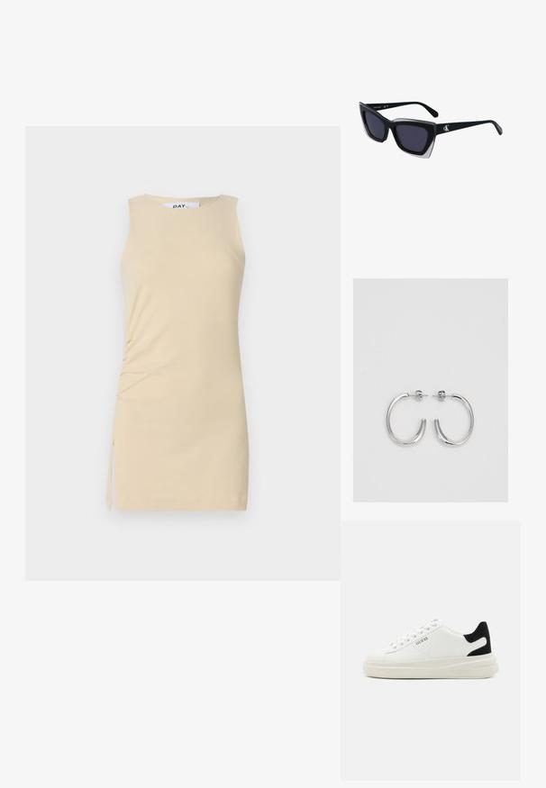 Bez piedurņu krējuma kleita ar rušinājuma detaļu sānos un saišu akcentu. Gluda auduma, pieguļošs dizains un virs ceļgaliem garums.; Baltas ādas sporta apavi ar biezu balto zoli, melna zamša uzpura un izspiestais logotips sānos. Šņorējuma dizains ar sešiem acu caurumiem.; Melni pārmēru saulesbrilles ar ģeometrisku formu, kas aprīkotas ar tumšiem stikliem un kontrastējošu pelēku akcentu uz rāmja. Logo uz kājas.; Sudraba riņķveida auskari ar gludu, spīdīgu apdari. Apaļas formas, viegla dizaina, ar aizdari uz stieples.