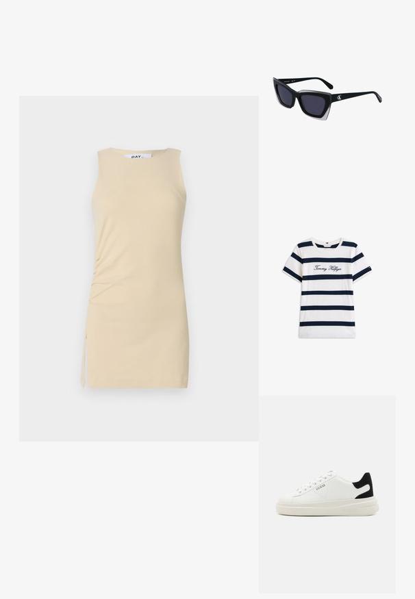Ærmeløs cremefarvet kjole med indsnæringsdetalje på siden og en båndaccent. Glat stof, tætsiddende design og længde over knæet.; T-shirt i bomuld med vandrette marineblå striber på en hvid baggrund. "Tommy Hilfiger" broderet i kursiv på brystet. Rund hals.; Hvide lædersneakers med en tyk hvid sål, sort ruskindhælvægt og prægede logoer på siden. Snørebåndsdesign med seks øjer.; Store sorte oversized solbriller med geometrisk form, med mørke linser og en kontrasterende grå detalje på stellet. Logo på armen.