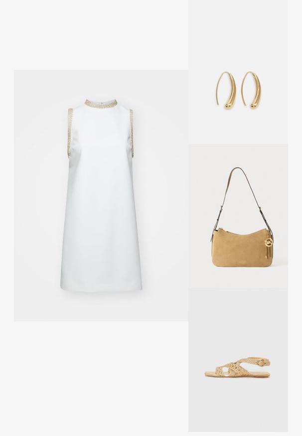 Fehér ujjatlan ruha, magas nyakkivágással, aranyszínű fémes díszítéssel a vállakon, sima textúrával és A-vonalú szabással.; Stuart Weitzman THEA - Szandálok - golden; Barna velúr válltáska ívelt formával, arany színű fémrészekkel és cipzáras záródással. Tartalmaz egy csatolt díszt, amelyen az "MK" monogram található.; Aranyszínű fémből készült karika fülbevalók ívelt, hosszúkás formával. Simaságával és fényes felületével, valamint lekerekített végével további részletekkel bővül.
