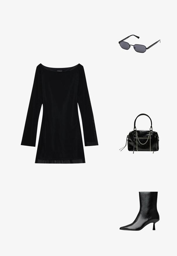 Fekete, hosszú ujjú ruha, váll nélküli dekoltázzsal, sima textúrával és lágy sziluettel. Átlátszó részletek találhatók a szegélyen.; Fekete bokacsizma fényes bőrből, hegyes orral és karcsú sarokkal, sima textúrával és minimalista dizájnnal.; Guess UNISEX - Napszemüvegek - shiny black; Bershka WITH CHAIN - Kézitáska - black