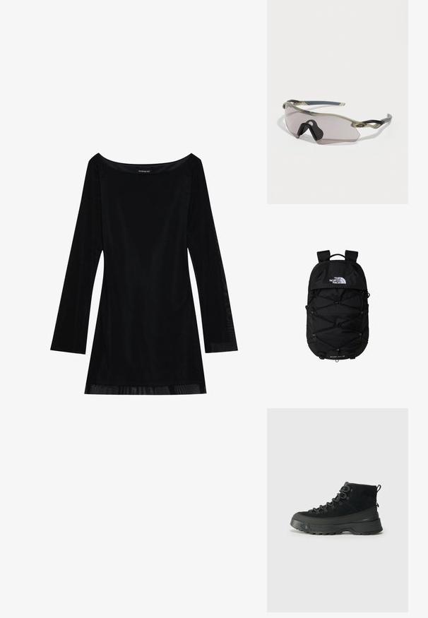 Czarna sukienka z długim rękawem i dekoltem typu off-shoulder, o gładkiej fakturze i zwiewnej sylwetce. Posiada przezroczyste detale na końcu.; Czarne buty wędrówkowe z zamszową cholewką, solidną gumową podeszwą i wzmocnionymi oczkami na sznurówki. Posiadają pętelkę z tyłu, ułatwiającą zakładanie.; Okulary przeciwsłoneczne z przezroczystą szaro-srebrną oprawą, przyciemnionymi soczewkami oraz kanciastym kształtem. Posiadają charakterystyczny nosek oraz fakturowane ciemnoszare zauszniki.; Czarny plecak z zamykaną główną komorą, elastycznym projektem bungee, wyściełanymi szelkami i logo z przodu; wykonany z trwałego materiału.