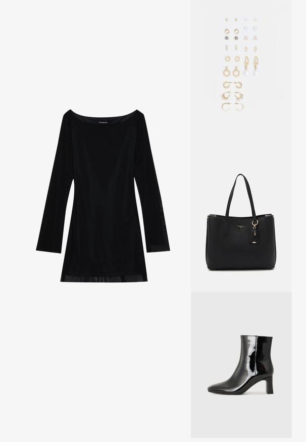 Černé dlouhé šaty s off-shoulder výstřihem, hladkou texturou a splývavým střihem. Mají průhledné detaily na spodním lemu.; Černé lakované kotníkové boty s špičatou špičkou a středně vysokým blokovým podpatkem. Hladká textura a minimalistický design.; Černá taška přes rameno vyrobená z texturovaného syntetického materiálu, s dvojitými uchy, zlatým logem a malou visačkou s akcentem.; Sada náušnic ve zlatém tónu s různými designy, včetně pecek, kruhů a visacích kousků s perlami a rhinestony.