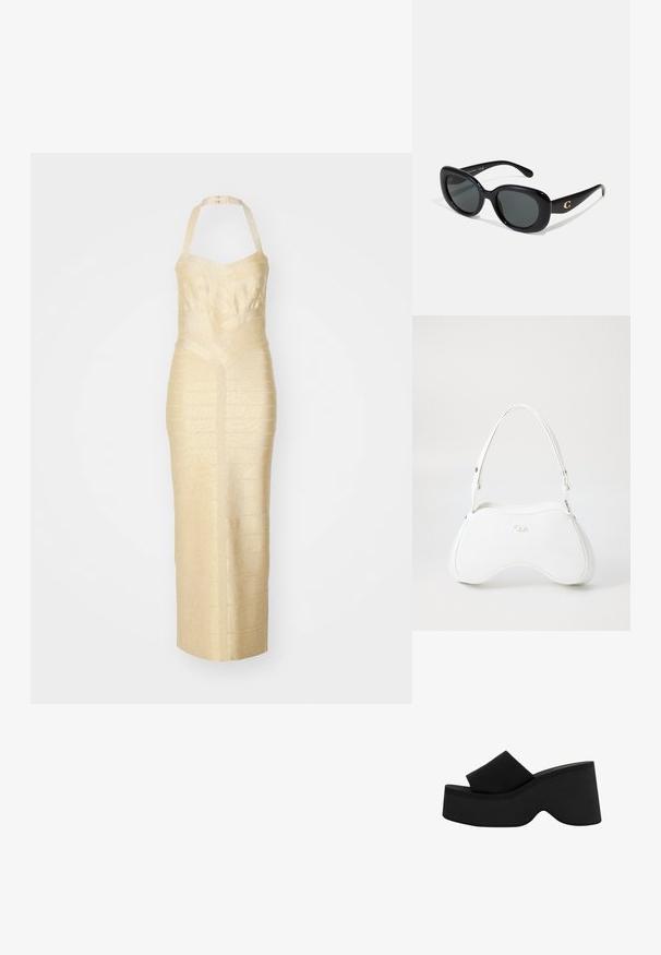 Halter-neck aftenkjole i struktureret guldstof, der har en tætsiddende silhuet, defineret taljesøm og vertikalt stribemønster.; Sort platform slide med en tyk, rund sål og bred rem. Glat tekstur, minimalistisk design og kontureret form for stabilitet.; Sorte solbriller med runde linser, blanke plastikstel og et guld logo som accent på stængerne. Mørke linser giver UV-beskyttelse.; Hvid håndtaske med en glat, blank overflade, afrundet form og en enkelt justerbar strop. Har et præg af logo på forsiden.