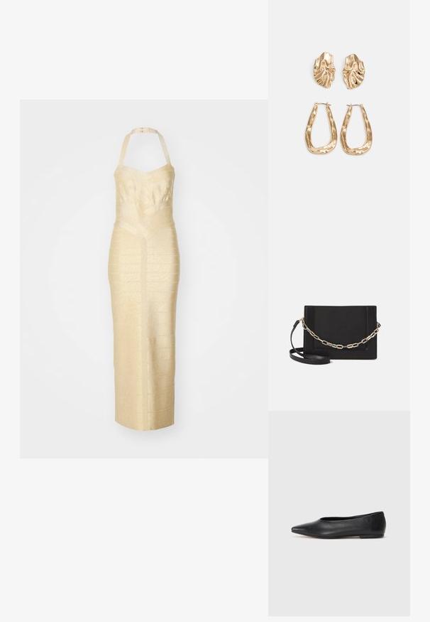 Halter-neck evening dress in textured gold fabric, featuring a fitted silhouette, defined waist seam, and vertical stripe pattern.; Black leather ballet flat, pointed toe, minimalistic design, smooth texture, low-profile heel, no visible hardware or embellishments.; Black leather crossbody bag featuring a smooth texture, rectangular shape, and a metallic chain detail on the front. Adjustable strap included.; Gold-tone earrings featuring textured, wavy shapes. Includes sculptural clip-on studs and open hoop design with a hammered finish.