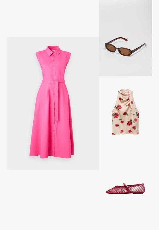Rochie roz, fără mâneci, cu un guler, deschidere la față cu nasturi și legătură în talie. Are o fustă fluidă care ajunge până la jumătatea gambei. Textură netedă.; Bluză fără mâneci dintr-un material bej deschis, cu o textură moale și unduitoare. Prezintă un imprimeu floral cu trandafiri roșii și o închidere cu nasturi la spate.; Balerini roșii din plasă cu vârful ascuțit, prezentând o curea subțire și un detaliu cu cataramă. Partea superioară are un model deschis, în formă de fagure.; Ochelari de soare rotunzi, cu nuanțe de brown și cu un cadru lucios de burgund. Brațe subțiri cu detalii subtile de branding. Design cu lentile plate.