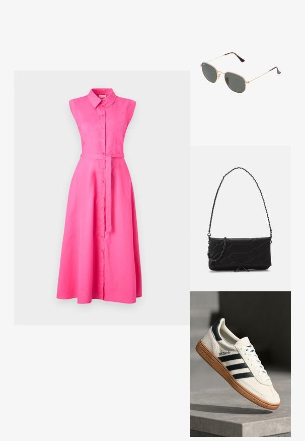 Rožinė, be rankovių suknelė su apykakle, mygtukų priekis ir diržas juosmenyje. Turi sraigtinį sijoną, kuris siekia vidurį blauzdų. Lygus audinys.; Baltos odinės sportinės bateliai su tamsiai mėlynomis juostelėmis, guminis padas, tekstūruotas viršus, apvalus nosis ir šnervės; turi prekės ženklą šone ir ant liežuvėlio.; Auksiniai metaliniai akiniai nuo saulės su tamsiai žaliomis lęšiais, aviator tipo, su siaurais rėmeliais ir kilpiniu akmeniu ant galiukų.; Juodas siuvinėtas dirbtinės odos krepšys su grandinine juostele, kuriame yra šešiakampis raštas ir dekoratyvinis sparnų detalė priekyje.