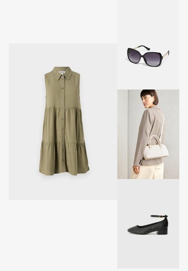 Vestido sem mangas em verde oliva com frente de botões, gola e bainha em camadas. Feito de tecido texturizado com um corte relaxado.; Sandal de pele preta com bico pontiagudo e um salto bloco baixo. Apresenta uma tira no tornozelo com uma fivela em tom dourado. Textura suave.; Óculos de sol oversized pretos com lentes degradê, armações grossas e detalhes em corrente dourada nas hastes.; Bolsa estruturada branca com alças curtas e uma alça de ombro, com detalhes em hardware dourado e material texturizado, exibida contra um fundo cinza.