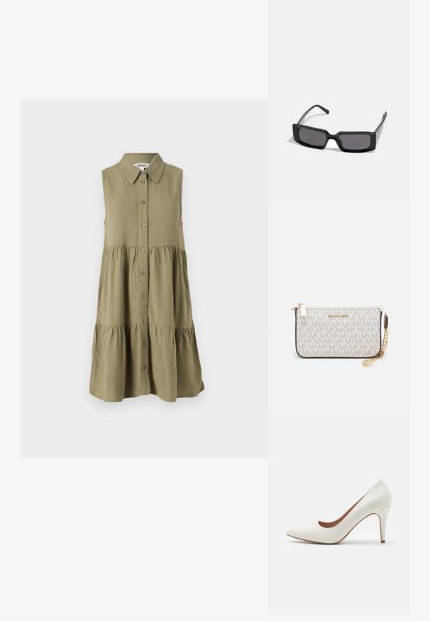 Abito senza maniche verde oliva con il davanti a bottoni, colletto e orlo a strati. Realizzato in tessuto testurizzato con una vestibilità rilassata.; Scarpa con tacco alto in pelle verniciata bianca, con punta affilata e superficie liscia, caratterizzata da un tacco sottile e un'apertura bassa.; Occhiali da sole neri con montatura rettangolare, lenti scure e finitura lucida e liscia. Presentano aste sottili con un branding discreto sul lato.; Wristlet Michael Kors in tela rivestita beige con motivo a logo MK ripetuto, hardware dorato e tracolla a catena staccabile.; Orecchini metallici dorati con un design ondulato; superficie liscia e riflettente; forma asimmetrica; nessun motivo o hardware visibile.
