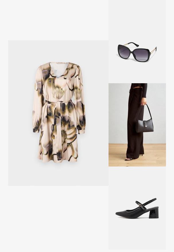 Rožnati vzorec obleke v svetlem bež odtenku, z V-izrezom, dolgimi rokavi in zavezanim pasom. Svilen material z ohlapnim in tekočim oblikovanjem.; Črne patentne usnjene salonarce s slingback obliko, s koničastim nosom, zaobljenim izrezom in blok peto. Imajo zlato kovinsko zaponko kot dodatno okrasje.; Črne prevelike sončne očala z degradacijskimi lečami, debelimi okvirji in zlatimi verižicami na ročajih.; Črna torbica z strukturirano obliko, gladko teksturo in kovinskim zaponko. Ujemajo se z širokimi črnimi hlačami in odprtimi sandali na lesenem tleh.