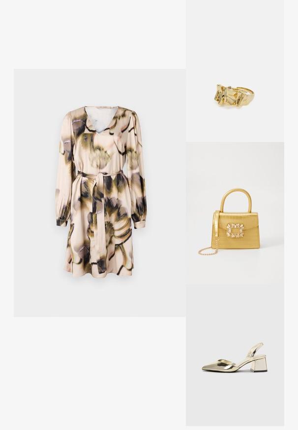 Gaišbēša ziedu raksta kleita ar V veida kakla izgriezumu, garām piedurknēm un sasietu jostas siksnu. Zīdains audums ar brīvu, plūstošu dizainu.; Zeltaini, metāla kurpes ar siksniņām, norakans purngalis un masīla papēdis. Gluda tekstūra, minimālisma dizains un šaura siksna.; Dzeltena mākslīgā krokodila roku soma ar strukturētu dizainu, augšējo rokturi, noņemamu ķēdes siksniņu un dekoratīvām kristāla rotājumiem aizdares daļā.; Zelta gredzens ar teksturētu, viļņotu dizainu, kas rotāts ar trim izteiktām virsotnēm. Gluda, spīdīga virsma ar atvērtu joslu, lai to varētu pielāgot.