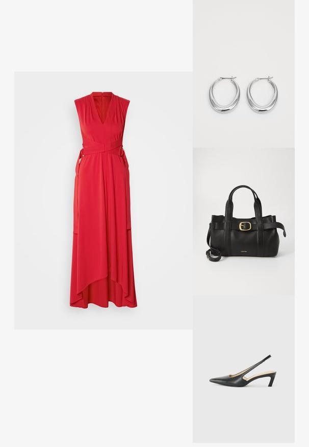 Červené bezramínkové šaty s hlubokým V-výstřihem, s designem do zavinování a asymetrickým lemem. Vyrobené z lehkého materiálu s hladkou texturou.; Černý špičatý slingback s nízkým podpatkem, vyrobený z hladké kůže, s výřezem na boku pro lepší prodyšnost.; Černá kožená kabelka s upraveným designem, dvojitými vrchními madly, pozlaceným přezkovým akcentem a vyraženým logem značky na přední straně.; Pár leštěných stříbrných půlměsíčních náušnic s kloubovými sponami na bílém pozadí.