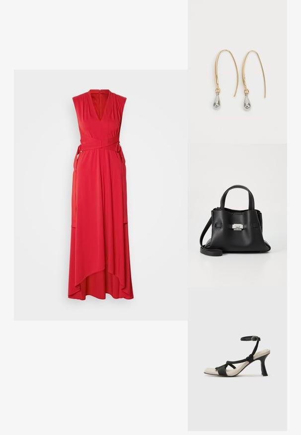 Vestido vermelho sem mangas com um decote em V profundo, design envolvente e bainha assimétrica. Confeccionado em tecido leve com uma textura suave.; Sandal com salto alto preto e design de tiras trançadas, bico quadrado e tira de tornozelo ajustável. Sola em tom bege claro com um salto preto brilhante.; Bolsa de mão de couro preto com um acabamento texturizado, apresentando duas alças superiores, uma alça de ombro destacável e um detalhe de fecho prateado.; Brincos de gancho dourados com pequenas pendants em forma de gota de prata sobre um fundo branco simples.